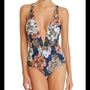 Tori Praver Swimwear Navy Floral Plunge One-Piece